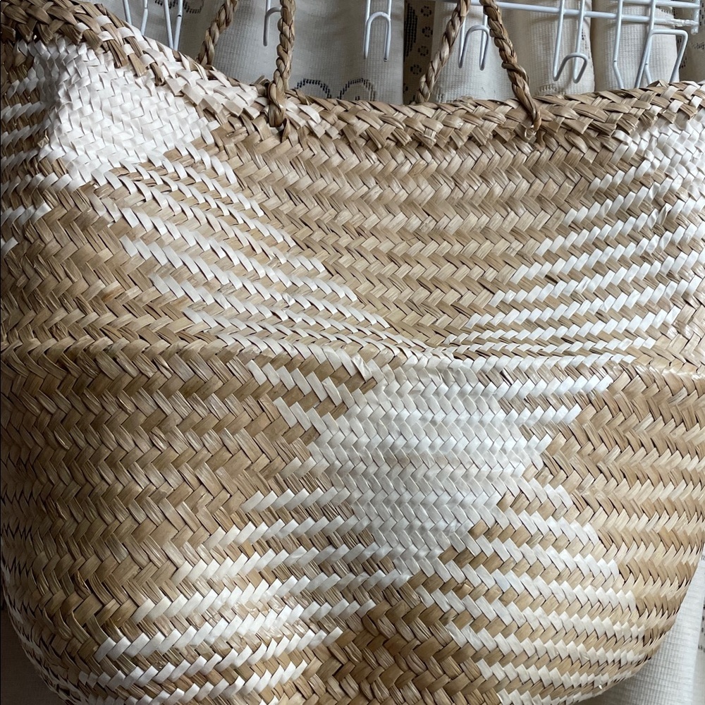 Woven Straw Tan and White Garment Bag